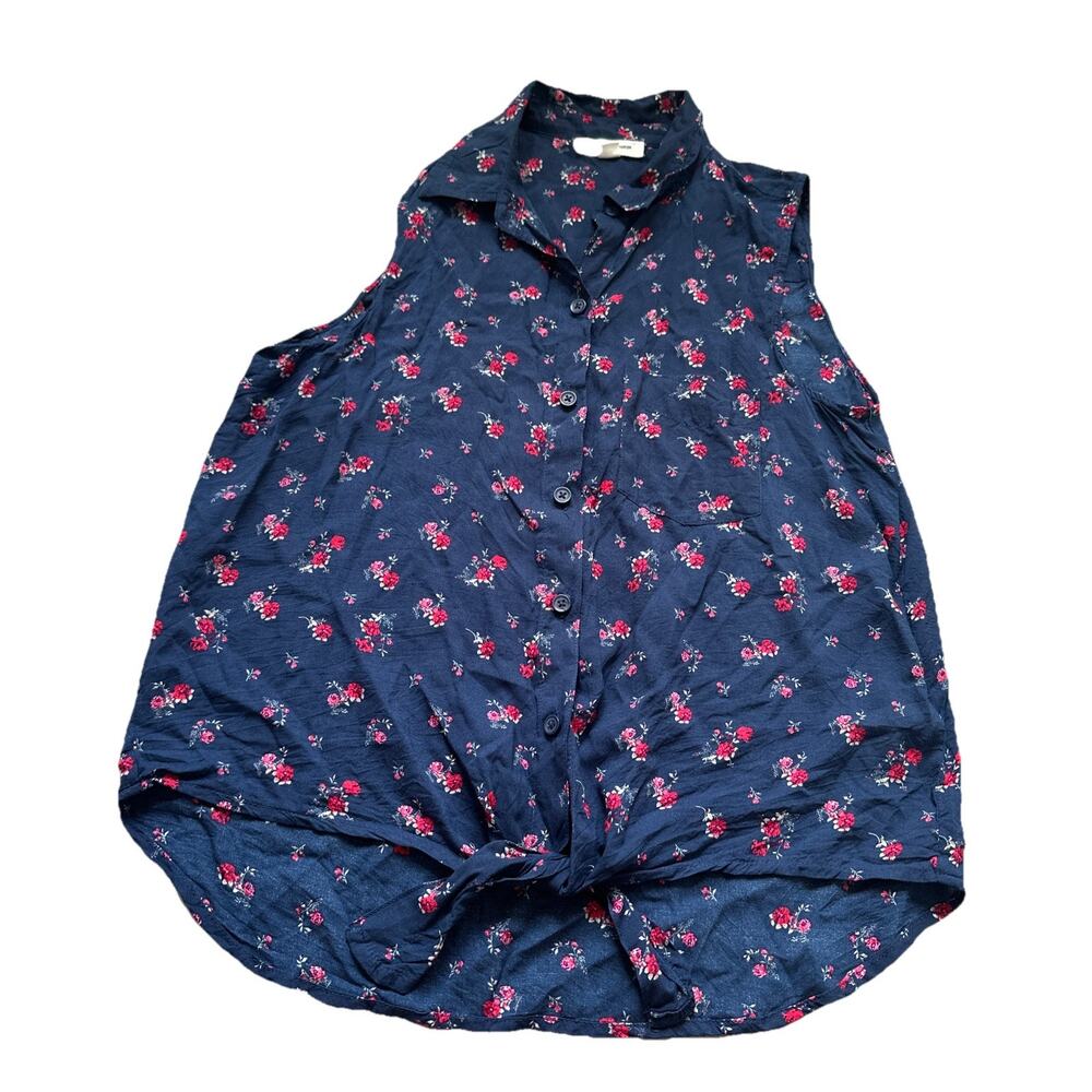 BEACH LUNCH LOUNGE Top S Floral Button Up Knot Tie Sleeveless Linen Cotton Blue